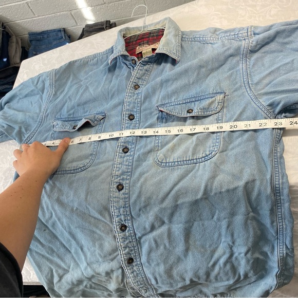 Vintage Flannel Lined Denim Button Up Jean Shirt Shacket Trails End Distressed L - Picture 3 of 11